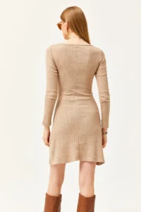 Olalook Women's Camel Pool Neck Piece Mini Flared Dress - Image 3