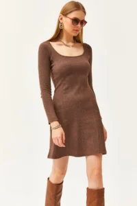 Olalook Women's Bitter Brown Pool Neck Piece Mini Flared Dress