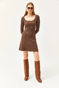 Olalook Women's Bitter Brown Pool Neck Piece Mini Flared Dress - Image 2