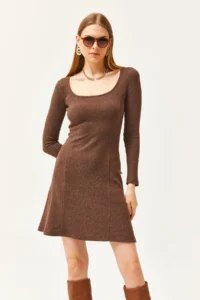 Olalook Women's Bitter Brown Pool Neck Piece Mini Flared Dress - Image 3