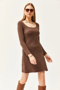 Olalook Women's Bitter Brown Pool Neck Piece Mini Flared Dress - Image 4