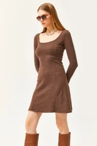 Olalook Women's Bitter Brown Pool Neck Piece Mini Flared Dress - Image 5