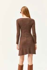 Olalook Women's Bitter Brown Pool Neck Piece Mini Flared Dress - Image 6