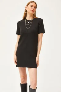 Olalook Women's Black Crew Neck Mini Knitwear Dress