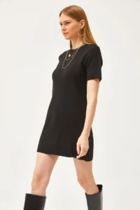 Olalook Women's Black Crew Neck Mini Knitwear Dress - Image 3