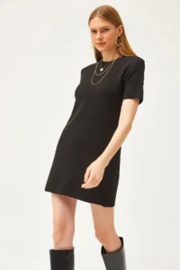 Olalook Women's Black Crew Neck Mini Knitwear Dress - Image 4
