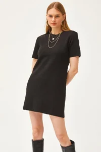 Olalook Women's Black Crew Neck Mini Knitwear Dress - Image 5