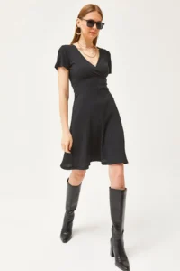 Olalook Women's Black Double Breasted Collar Short Sleeve Mini Flared Dress - Image 2