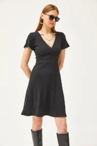 Olalook Women's Black Double Breasted Collar Short Sleeve Mini Flared Dress - Image 3