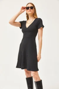 Olalook Women's Black Double Breasted Collar Short Sleeve Mini Flared Dress - Image 4