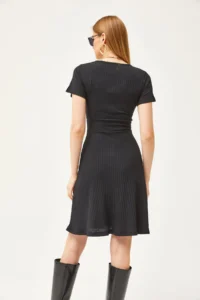 Olalook Women's Black Double Breasted Collar Short Sleeve Mini Flared Dress - Image 5