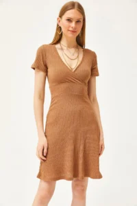 Olalook Women's Camel Double Breasted Collar Short Sleeve Mini Flared Dress - Image 2