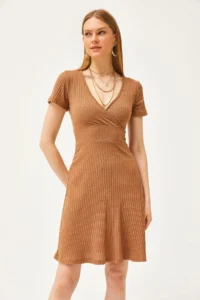 Olalook Women's Camel Double Breasted Collar Short Sleeve Mini Flared Dress - Image 3