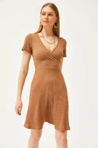 Olalook Women's Camel Double Breasted Collar Short Sleeve Mini Flared Dress - Image 4