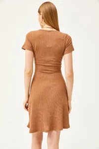 Olalook Women's Camel Double Breasted Collar Short Sleeve Mini Flared Dress - Image 5