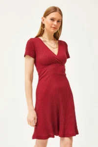 Olalook Women's Burgundy Double Breasted Collar Short Sleeve Mini Flared Dress - Image 2