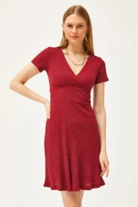 Olalook Women's Burgundy Double Breasted Collar Short Sleeve Mini Flared Dress - Image 3