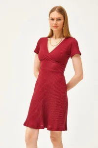 Olalook Women's Burgundy Double Breasted Collar Short Sleeve Mini Flared Dress - Image 4