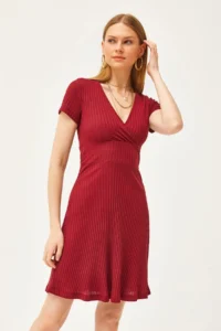Olalook Women's Burgundy Double Breasted Collar Short Sleeve Mini Flared Dress - Image 5