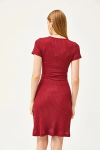 Olalook Women's Burgundy Double Breasted Collar Short Sleeve Mini Flared Dress - Image 6