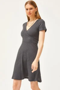 Olalook Women's Smoked Double Breasted Collar Short Sleeve Mini Flared Dress