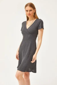 Olalook Women's Smoked Double Breasted Collar Short Sleeve Mini Flared Dress - Image 2