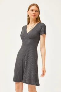 Olalook Women's Smoked Double Breasted Collar Short Sleeve Mini Flared Dress - Image 3
