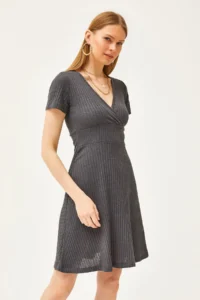 Olalook Women's Smoked Double Breasted Collar Short Sleeve Mini Flared Dress - Image 4