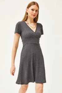 Olalook Women's Smoked Double Breasted Collar Short Sleeve Mini Flared Dress - Image 5