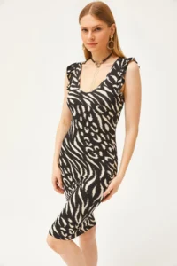 Olalook Women's Zebra Black V-Neck Shoulder Ruffle Crystal Viscose Dress