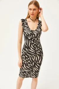 Olalook Women's Zebra Black V-Neck Shoulder Ruffle Crystal Viscose Dress - Image 2