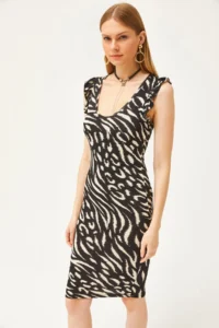 Olalook Women's Zebra Black V-Neck Shoulder Ruffle Crystal Viscose Dress - Image 3