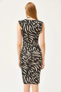 Olalook Women's Zebra Black V-Neck Shoulder Ruffle Crystal Viscose Dress - Image 4