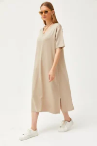 Olalook Women's Beige V-neck Soft Textured Dress with Side Slits