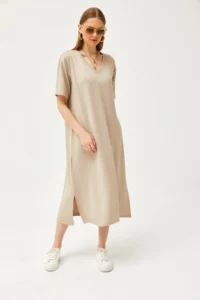 Olalook Women's Beige V-neck Soft Textured Dress with Side Slits - Image 2