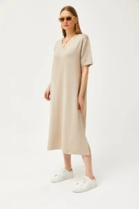 Olalook Women's Beige V-neck Soft Textured Dress with Side Slits - Image 3