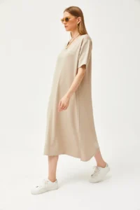 Olalook Women's Beige V-neck Soft Textured Dress with Side Slits - Image 4