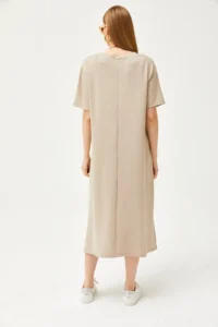 Olalook Women's Beige V-neck Soft Textured Dress with Side Slits - Image 5