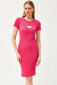 Olalook Women's Fuchsia Heart Decollete Stone Garnished Lycra Mini Cotton Dress