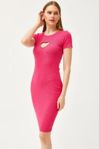 Olalook Women's Fuchsia Heart Decollete Stone Garnished Lycra Mini Cotton Dress - Image 2