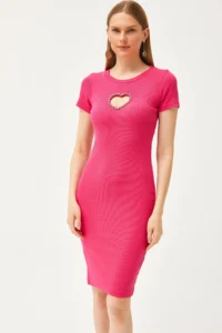 Olalook Women's Fuchsia Heart Decollete Stone Garnished Lycra Mini Cotton Dress - Image 4