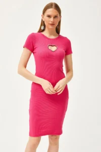 Olalook Women's Fuchsia Heart Decollete Stone Garnished Lycra Mini Cotton Dress - Image 5