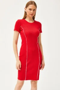 Olalook Women's Red Stripe Detailed Lycra Mini Cotton Dress - Image 2