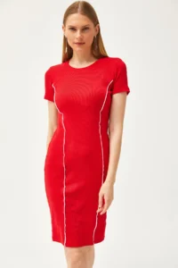 Olalook Women's Red Stripe Detailed Lycra Mini Cotton Dress - Image 3