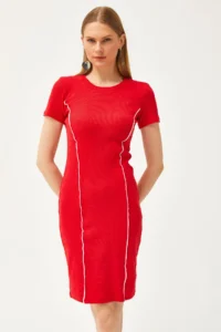 Olalook Women's Red Stripe Detailed Lycra Mini Cotton Dress - Image 4