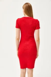 Olalook Women's Red Stripe Detailed Lycra Mini Cotton Dress - Image 5