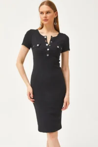 Olalook Women's Black Metal Placket Accessory Pocket Lycra Mini Cotton Dress