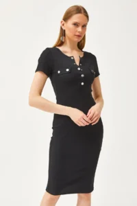 Olalook Women's Black Metal Placket Accessory Pocket Lycra Mini Cotton Dress - Image 2
