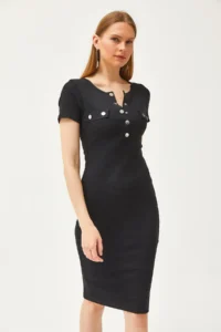 Olalook Women's Black Metal Placket Accessory Pocket Lycra Mini Cotton Dress - Image 3