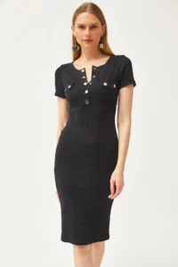 Olalook Women's Black Metal Placket Accessory Pocket Lycra Mini Cotton Dress - Image 4